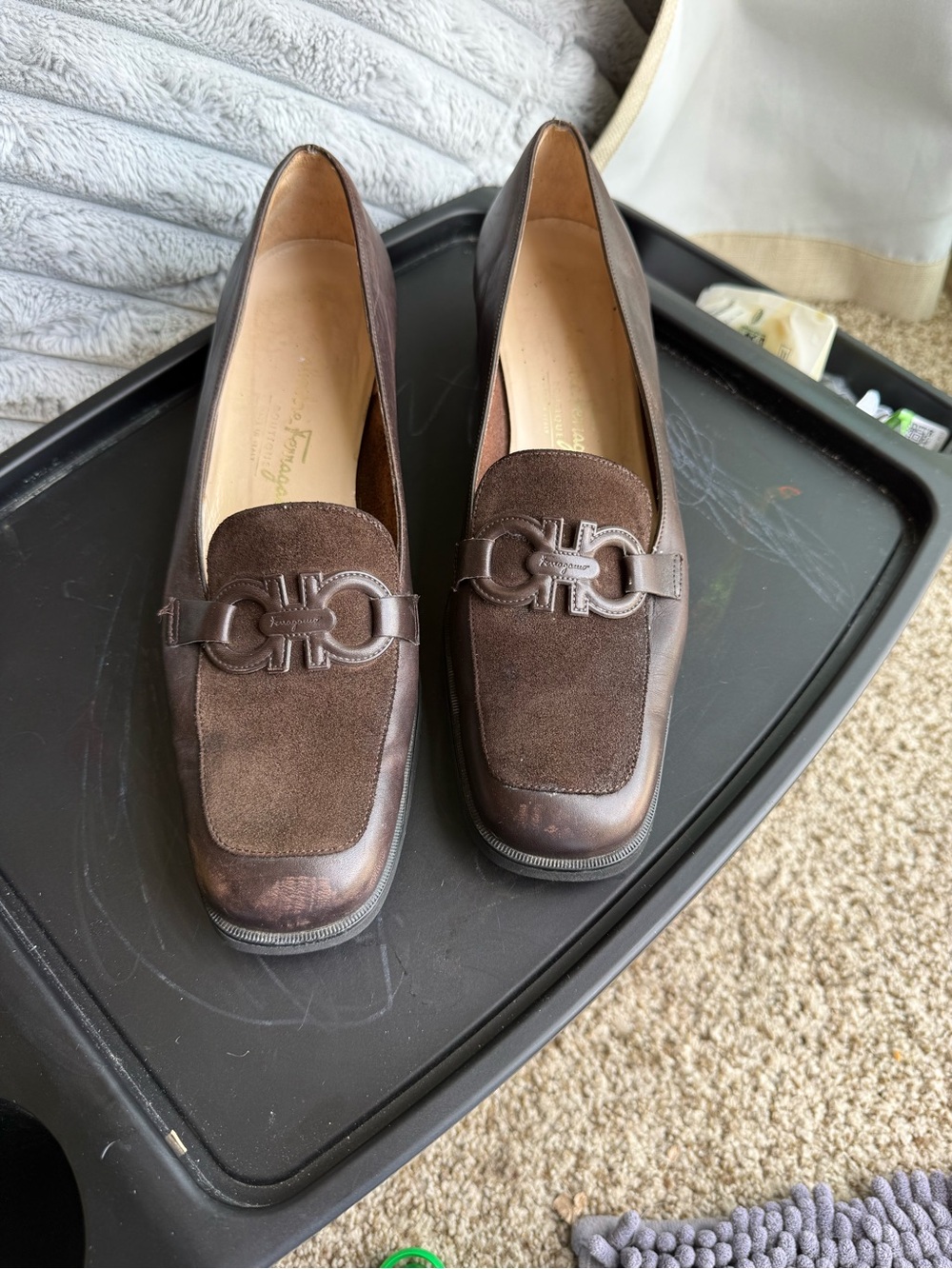 Salvatore Ferragamo Logo Brown Suede & Leather Bit Low Heel Loafers